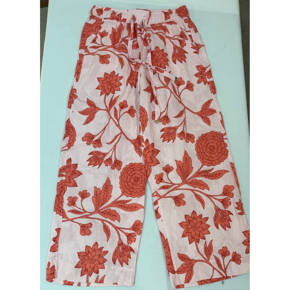 Joie Pink Coral Floral 100% Linen Wide Leg Drawstring Crop Pants Womens Medium